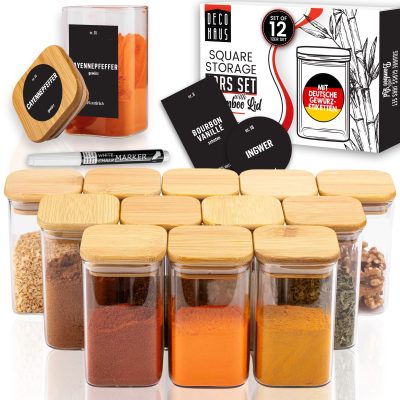 Deco Haus Set of 12 jars with lids - airtight, machine washable, microwave-safe - For cakes, pasta, cereals, coffee - 10.7 cm high, 6 cm diameter